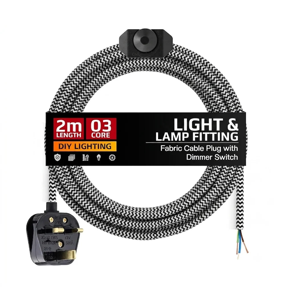 Plug-In Fabric Cable Pendant Kit with Dimmer – 2 m, Optional Metal Holder - Black & White, No Holder (bare wire ends), Without Bulb