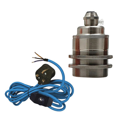 Plug-In Fabric Cable Pendant Kit with Dimmer – 2 m, Optional Metal Holder - Blue, Satin Nickel Threaded Metal Holder, Without Bulb