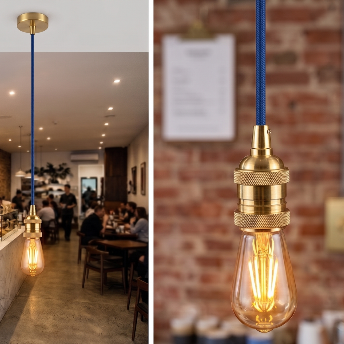 Plug-In Fabric Cable Pendant Kit with Dimmer – 2 m, Optional Metal Holder - Blue, Rose Gold Threaded Metal Holder, Without Bulb