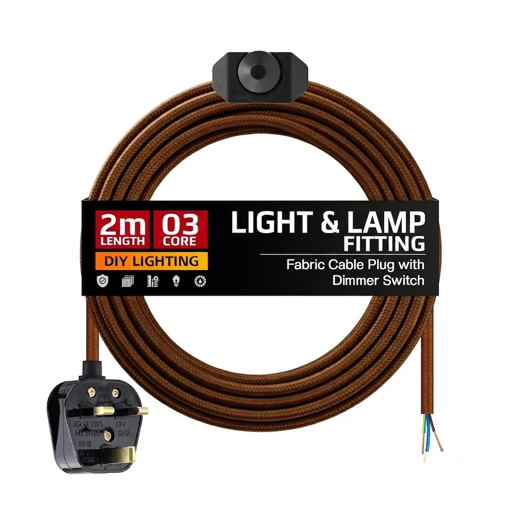 Plug-In Fabric Cable Pendant Kit with Dimmer – 2 m, Optional Metal Holder - Brown, No Holder (bare wire ends), Without Bulb