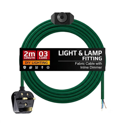 Plug-In Fabric Cable Pendant Kit with Dimmer – 2 m, Optional Metal Holder - Green, No Holder (bare wire ends), Without Bulb