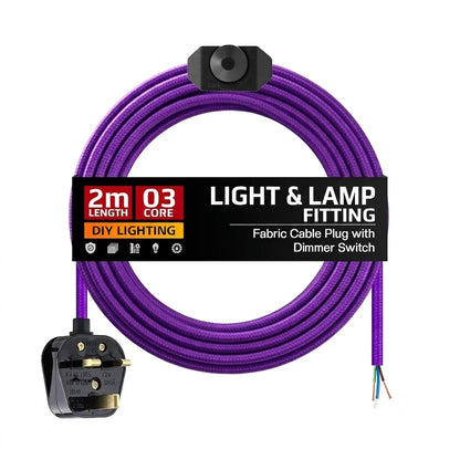 Plug-In Fabric Cable Pendant Kit with Dimmer – 2 m, Optional Metal Holder - Purple, No Holder (bare wire ends), Without Bulb