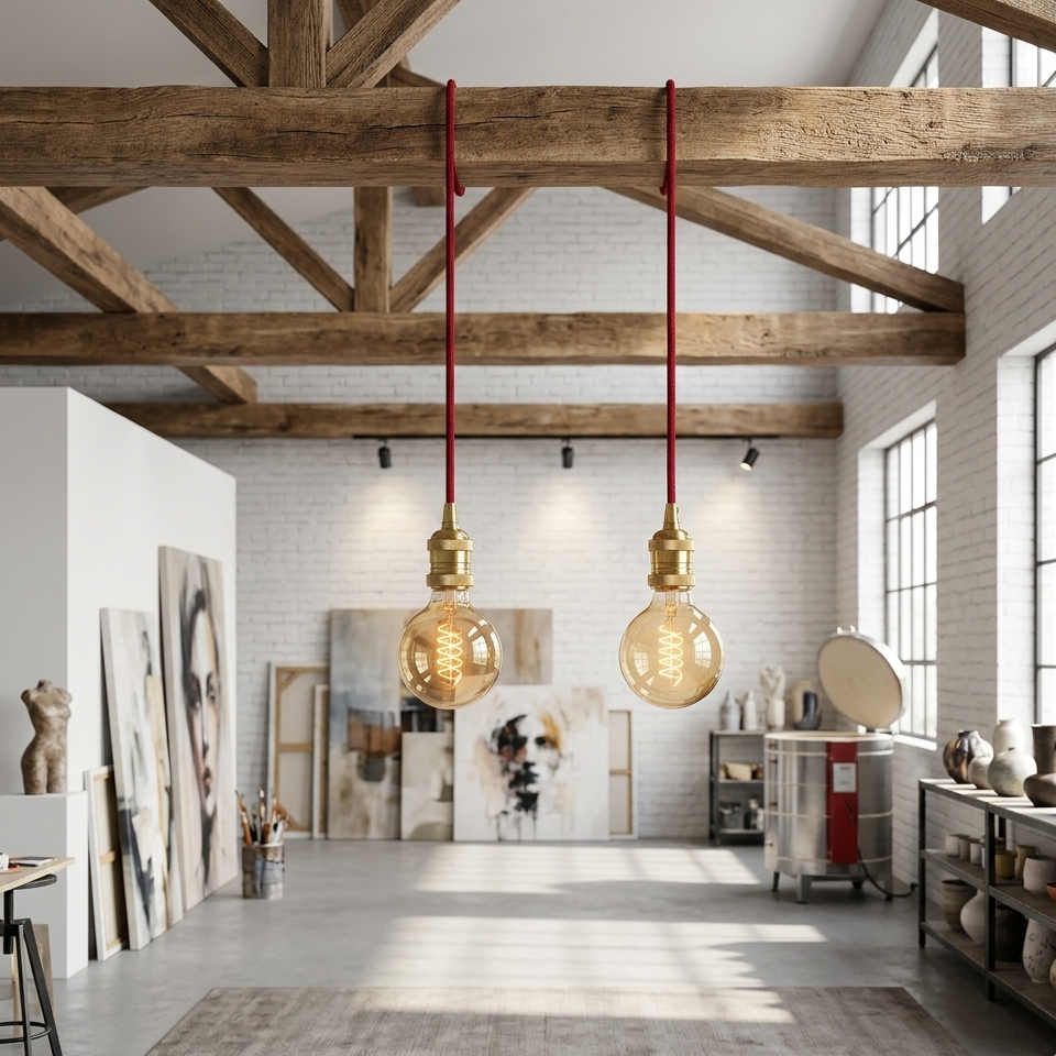 Plug-In Fabric Cable Pendant Kit with Dimmer – 2 m, Optional Metal Holder - Red, Rose Gold Threaded Metal Holder, Without Bulb