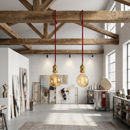 Plug-In Fabric Cable Pendant Kit with Dimmer – 2 m, Optional Metal Holder - Red, Rose Gold Threaded Metal Holder, Without Bulb