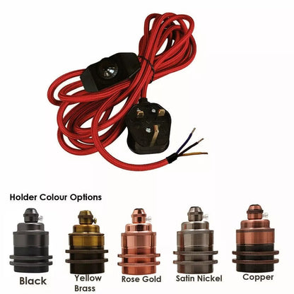 Plug-In Fabric Cable Pendant Kit with Dimmer – 2 m, Optional Metal Holder - Red, Yellow Brass Threaded Metal Holder, Without Bulb