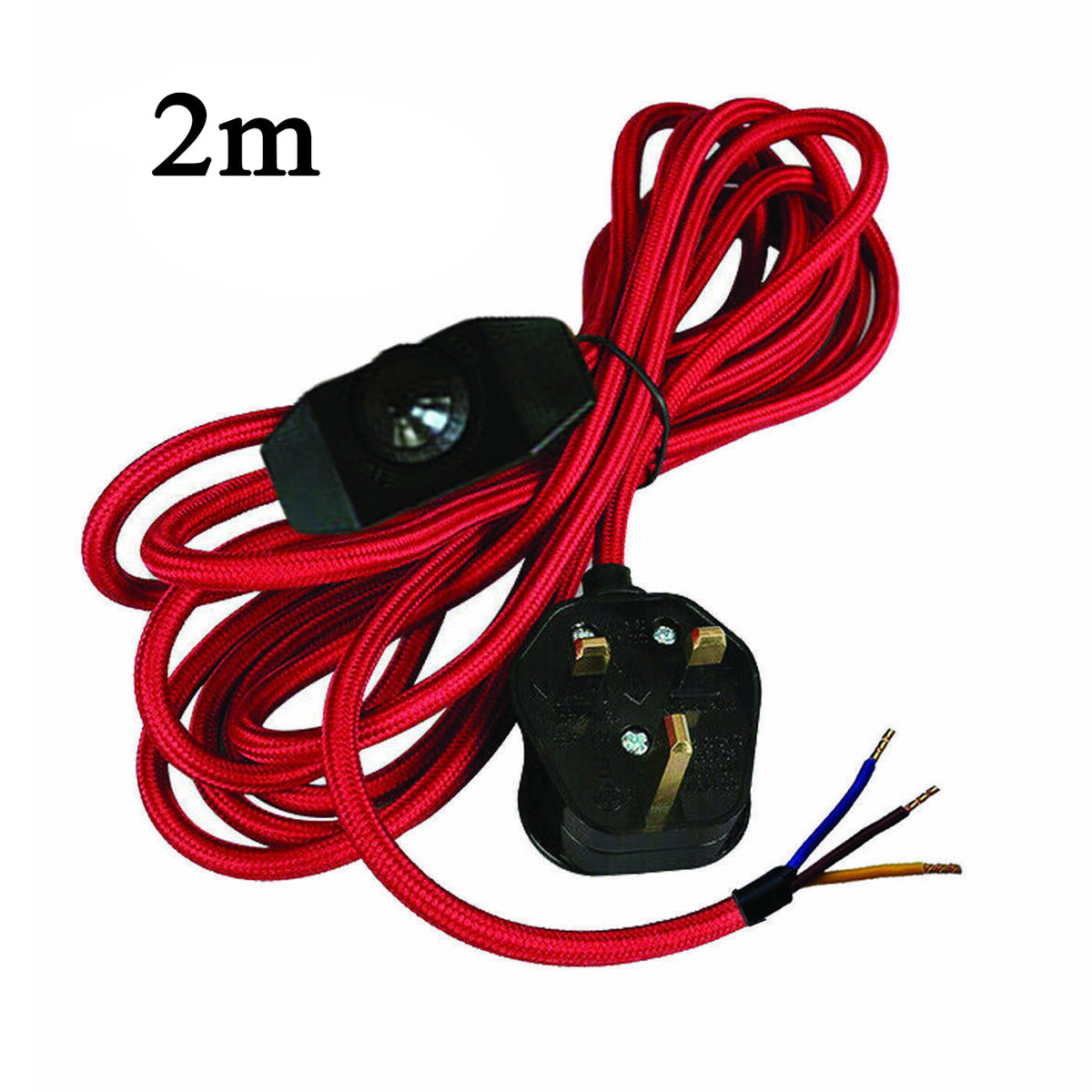 Plug-In Fabric Cable Pendant Kit with Dimmer – 2 m, Optional Metal Holder - Red, No Holder (bare wire ends), Without Bulb