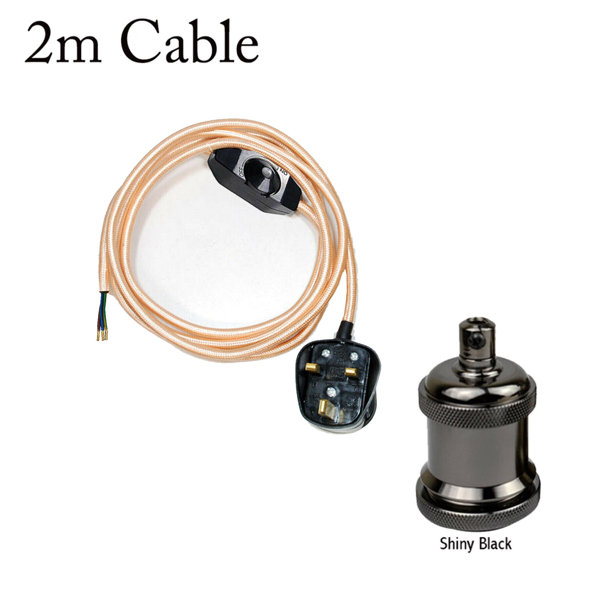 Plug-In Fabric Cable Pendant Kit with Dimmer – 2 m, Optional Metal Holder - Rose Gold, Shiny Black Metal Holder, Without Bulb