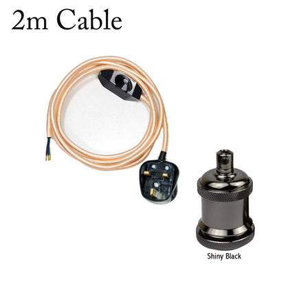 Plug-In Fabric Cable Pendant Kit with Dimmer – 2 m, Optional Metal Holder - Rose Gold, Shiny Black Metal Holder, Without Bulb