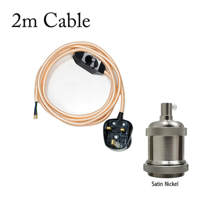 Plug-In Fabric Cable Pendant Kit with Dimmer – 2 m, Optional Metal Holder - Rose Gold, Satin Nickel Metal Holder, Without Bulb