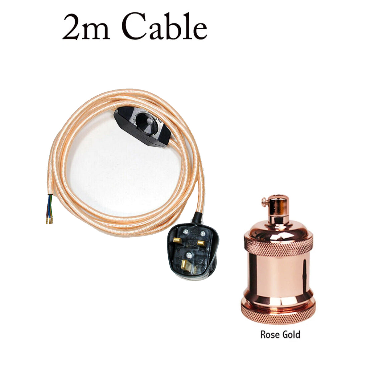 Plug-In Fabric Cable Pendant Kit with Dimmer – 2 m, Optional Metal Holder - Rose Gold, Rose Gold Metal Holder, Without Bulb