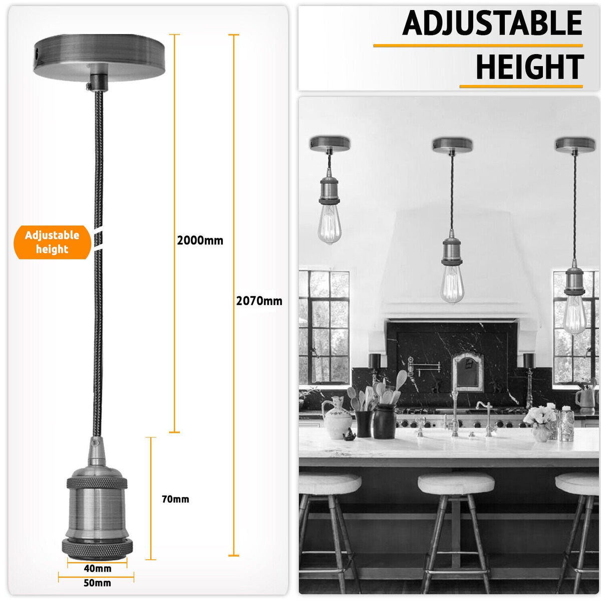 2 m Pendant Light Set – White or Satin Nickel, E27 - photo 6
