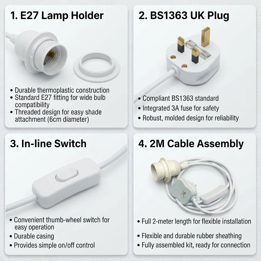 Plug-In Pendant Lamp Holder Kit – White, 2 m Cable, Switch, UK Plug - photo 3