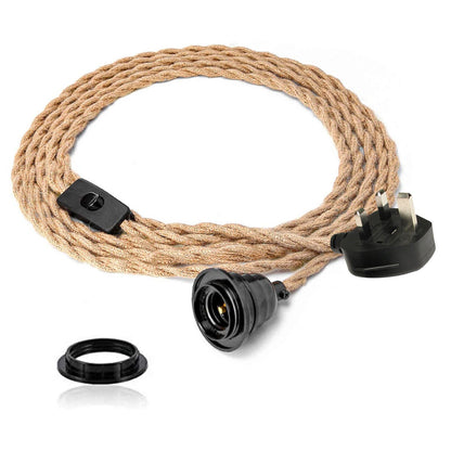 Plug-In Hemp Rope Pendant Light – 2 m, Switch, E27 - Black, No Shade, Without Bulb