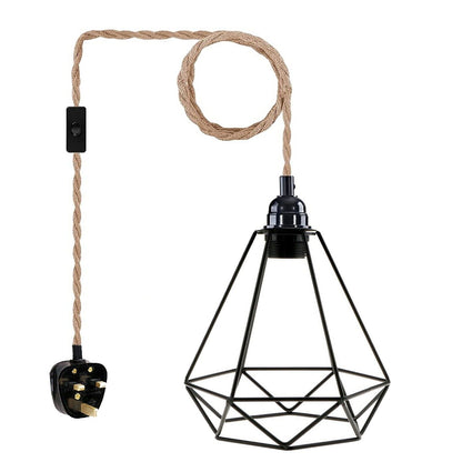 Plug-In Hemp Rope Pendant Light – 2 m, Switch, E27 - Black, Wire Cage Black, Without Bulb