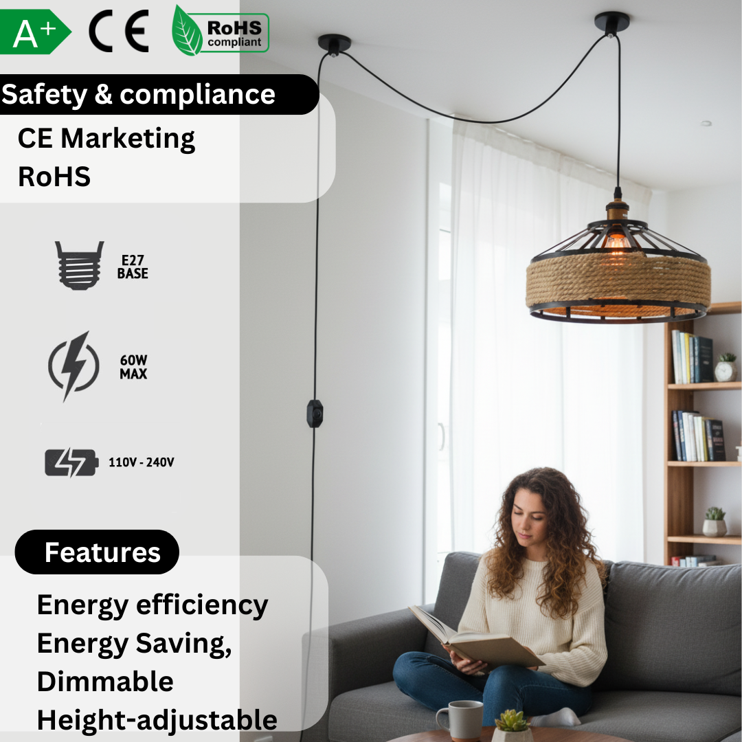 Plug-In Hemp Rope Pendant Light – 2 m Cable, Dimmer, Ceiling Hooks - photo 3