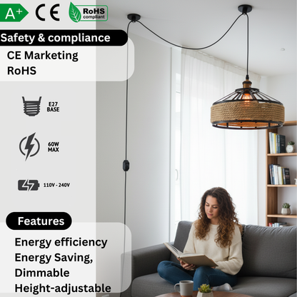 Plug-In Hemp Rope Pendant Light – 2 m Cable, Dimmer, Ceiling Hooks - photo 3