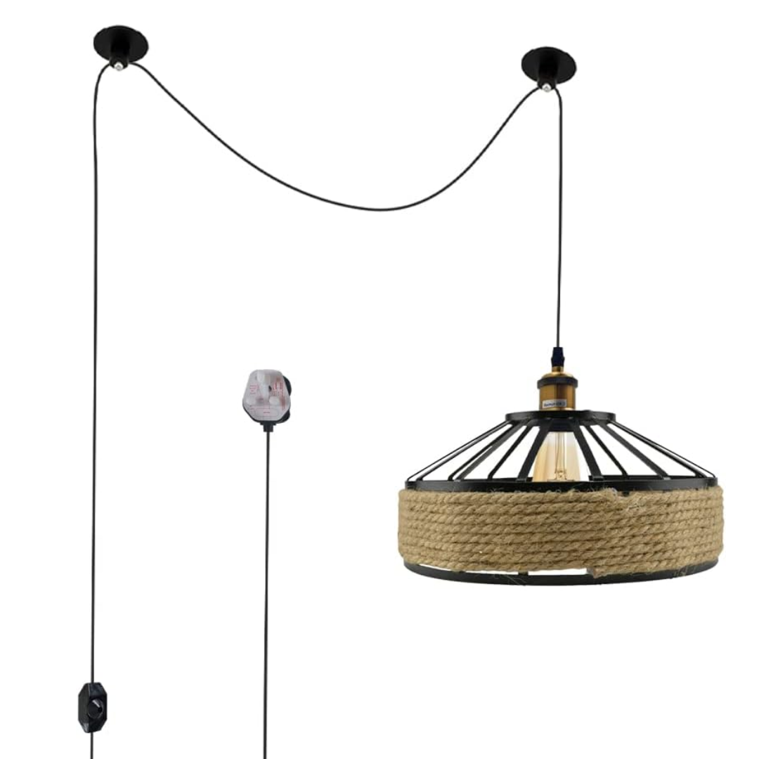 Plug-In Hemp Rope Pendant Light – 2 m Cable, Dimmer, Ceiling Hooks - photo 5