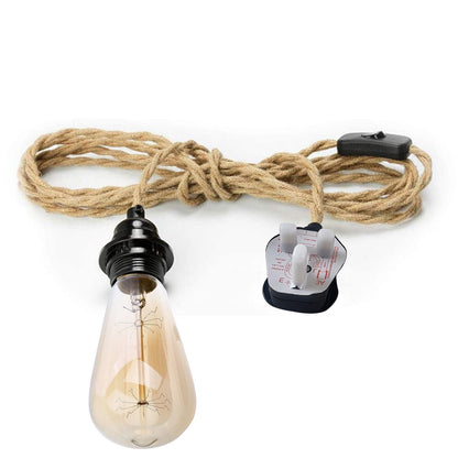 Plug-In Hemp Rope Pendant Light – 2 m Cable, Dimmer, Ceiling Hooks - Standard, Hemp Rope Shade 30 cm, Without Bulb