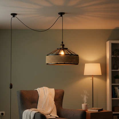 Plug-In Hemp Rope Pendant Light – 2 m Cable, Dimmer, Ceiling Hooks