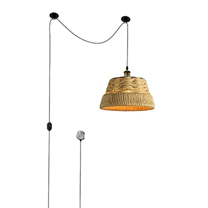 Plug-In Hemp Rope Pendant Light – 2 m Cable, Dimmer, Ceiling Hooks - Standard, Hemp Rope Shade 38 cm, Without Bulb