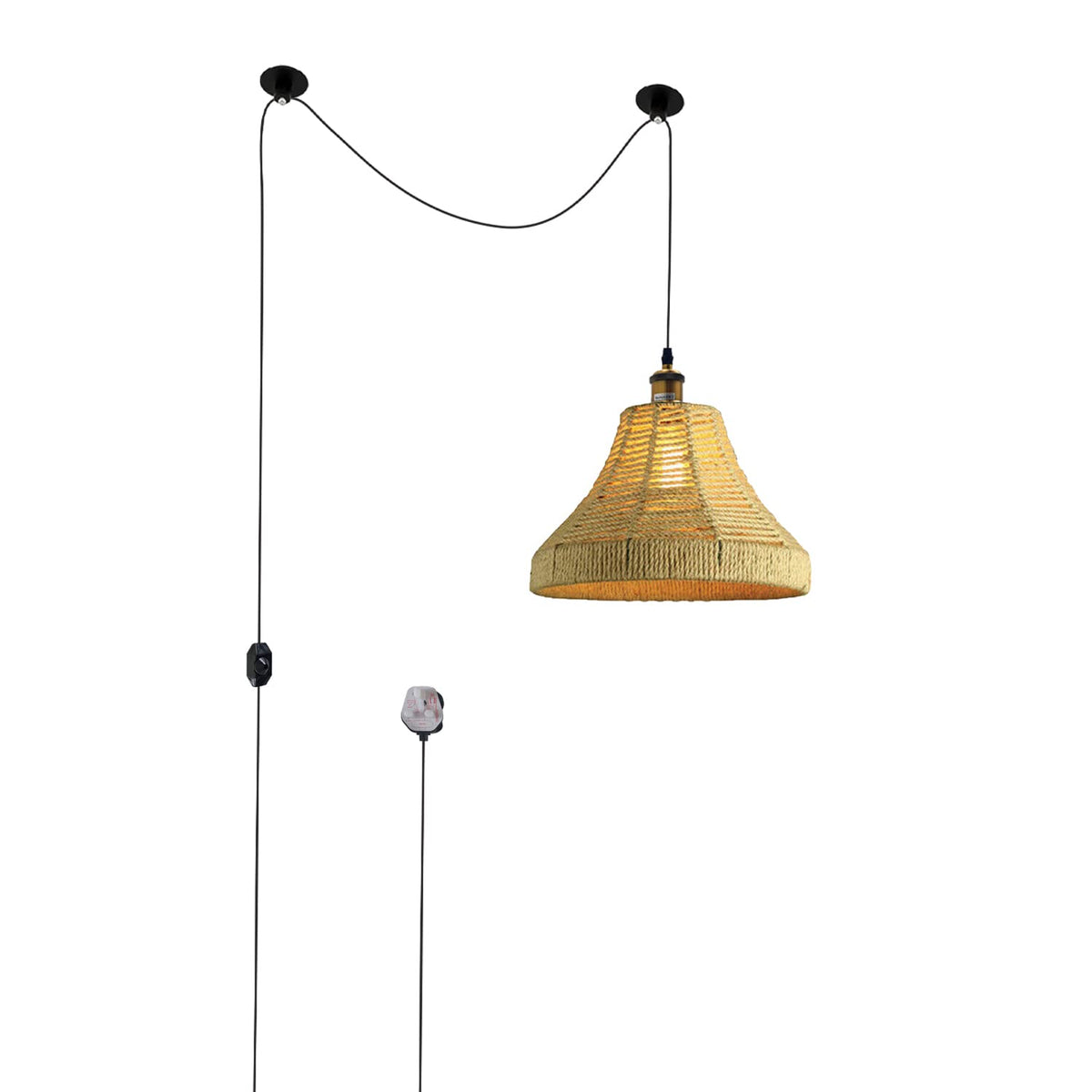 Plug-In Hemp Rope Pendant Light – 2 m Cable, Dimmer, Ceiling Hooks - Standard, Hemp Rope Shade 41 cm, Without Bulb