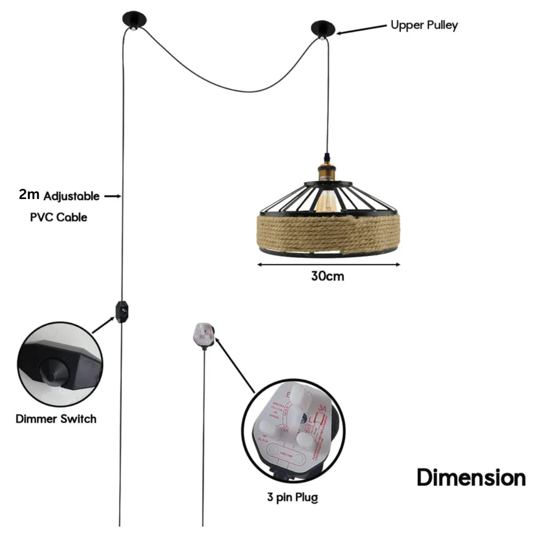 Plug-In Hemp Rope Pendant Light – 2 m Cable, Dimmer, Ceiling Hooks - photo 2