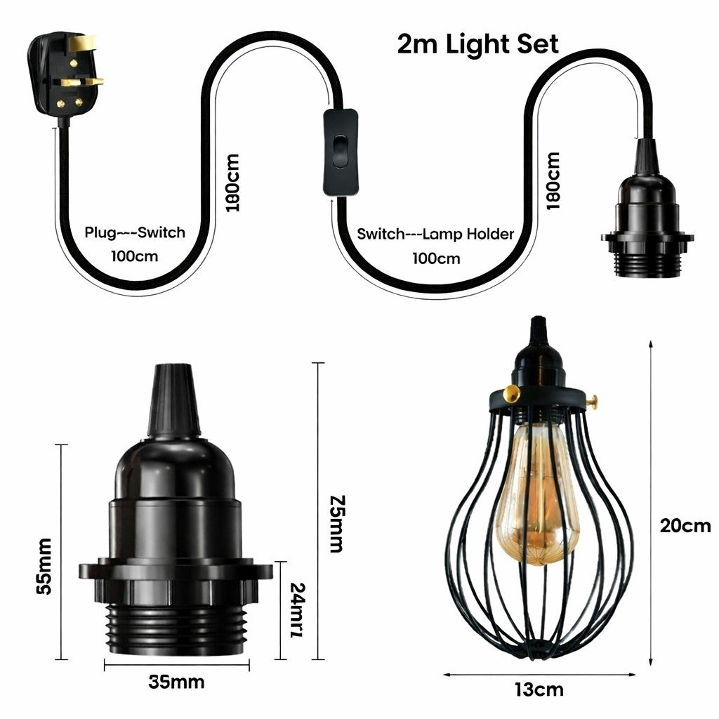 Plug-In Pendant Light – 2 m Black Cable, On/Off Switch, Balloon Cage - photo 4
