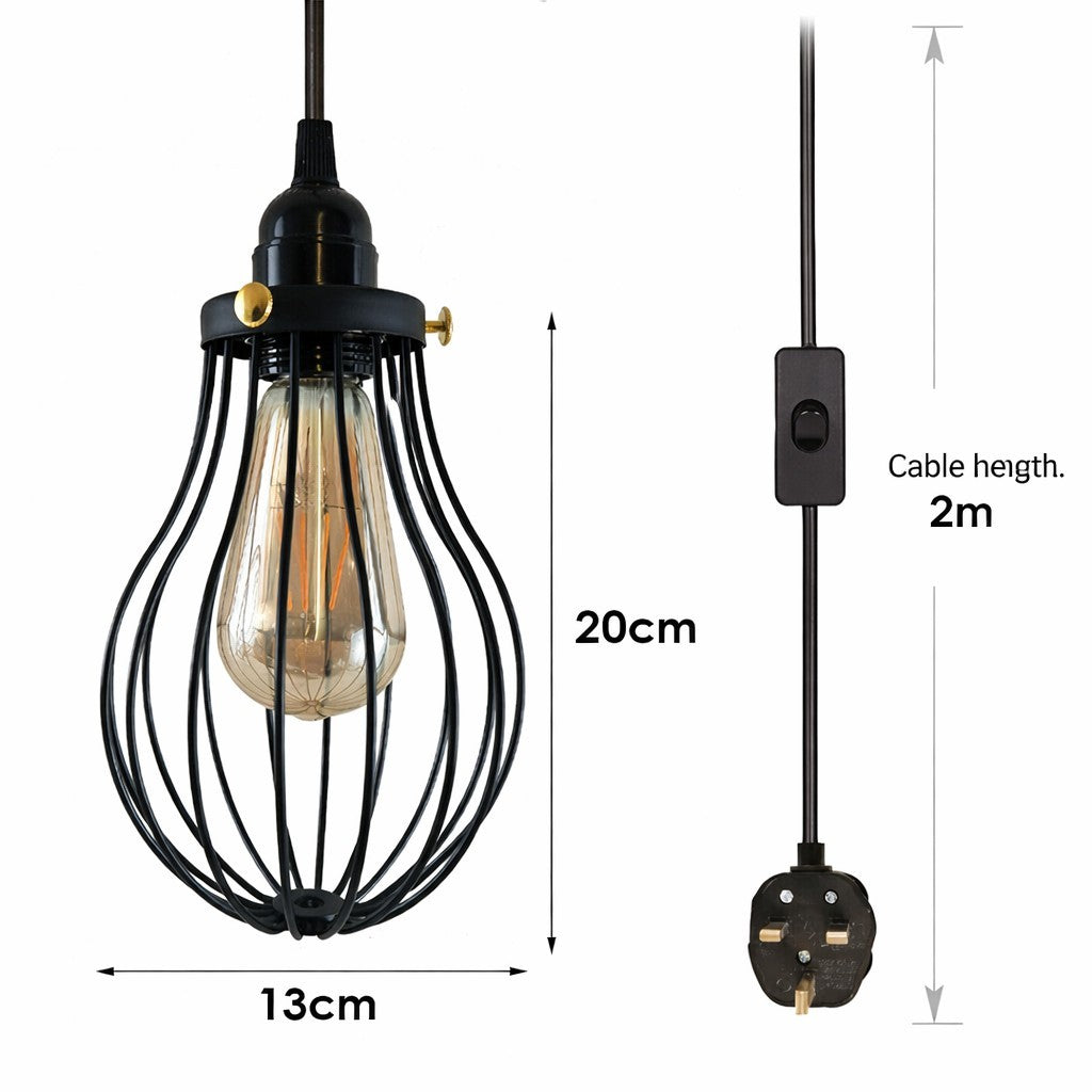 Plug-In Pendant Light – 2 m Black Cable, On/Off Switch, Balloon Cage - photo 5