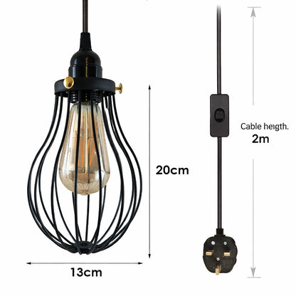 Plug-In Pendant Light – 2 m Black Cable, On/Off Switch, Balloon Cage - photo 5