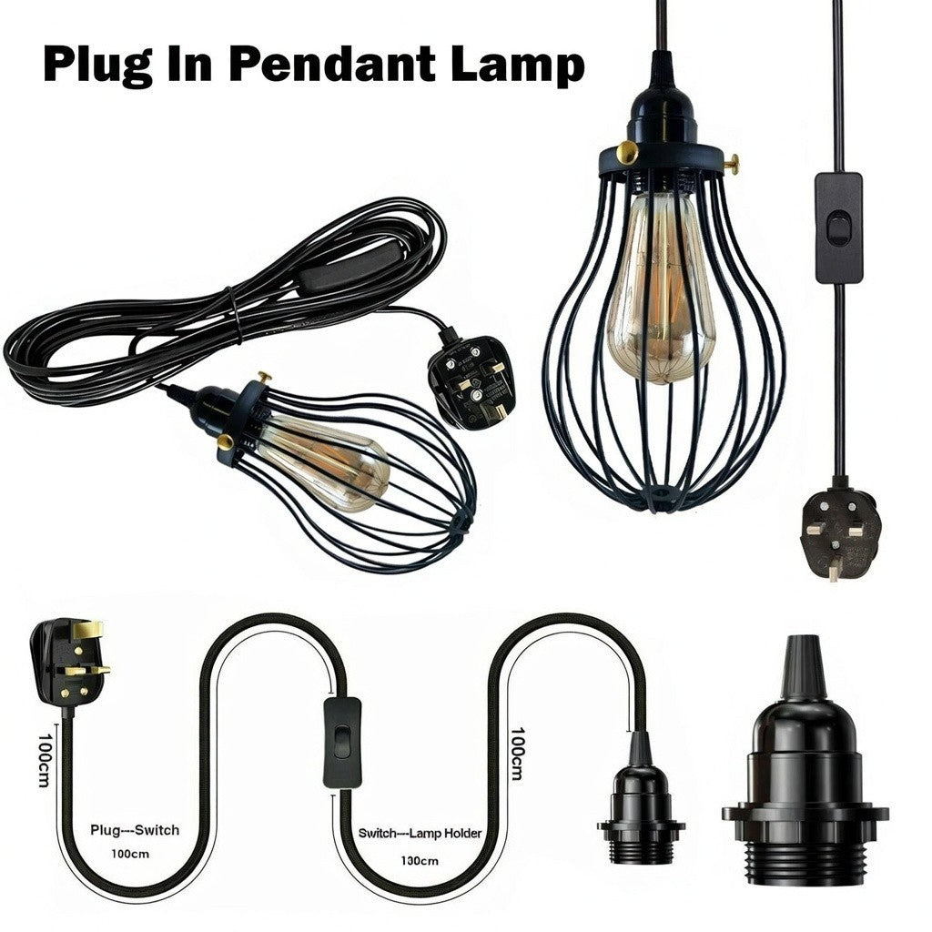 Plug-In Pendant Light – 2 m Black Cable, On/Off Switch, Balloon Cage