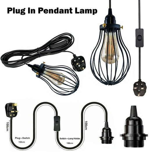 Plug-In Pendant Light – 2 m Black Cable, On/Off Switch, Balloon Cage