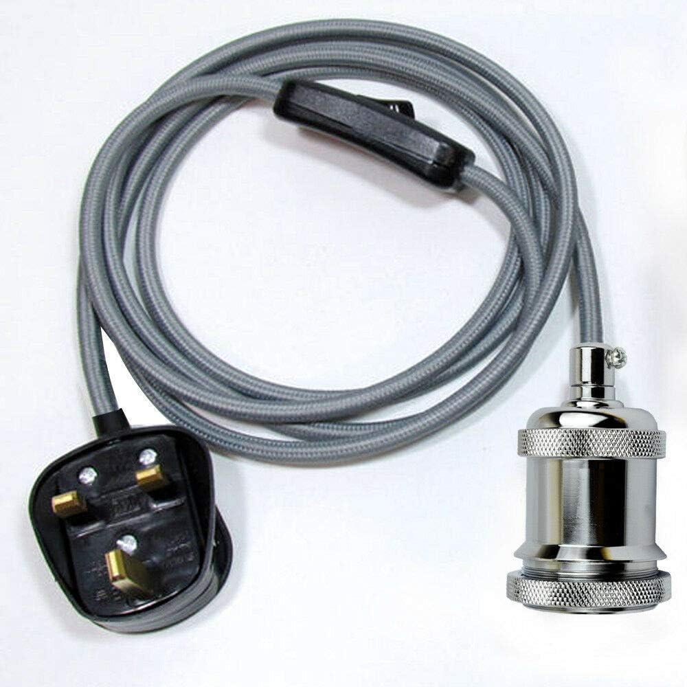 Plug-In Pendant Cable Set â€“ Grey Fabric Cable, Chrome E27 Holder, 2 m
