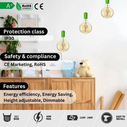 3-Light Pendant – Colourful Holders, Round Plate or Ceiling Bar, E27 - photo 2