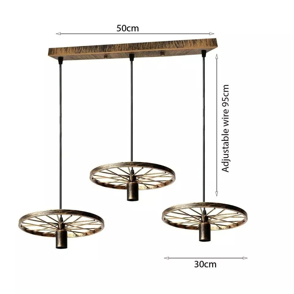 3 Light Wagon Wheel Pendant – 50 cm Bar, 5 Finishes, E27 - photo 2