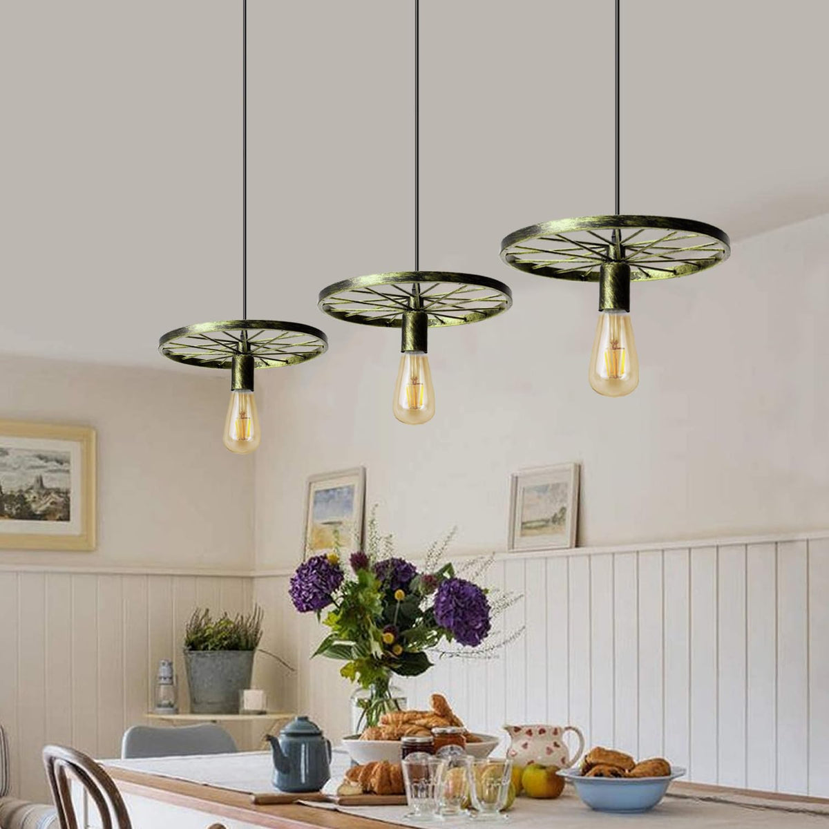 3 Light Wagon Wheel Pendant – 50 cm Bar, 5 Finishes, E27 - photo 3