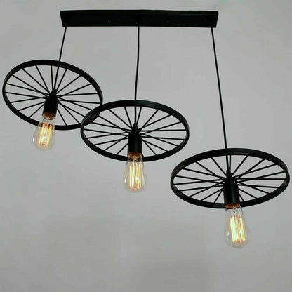 3 Light Wagon Wheel Pendant – 50 cm Bar, 5 Finishes, E27 - Black, Wagon Wheel 30 cm, With 3 ST64 Bulbs