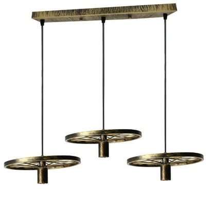 3 Light Wagon Wheel Pendant – 50 cm Bar, 5 Finishes, E27 - Brushed Brass, Wagon Wheel 30 cm, Without Bulb