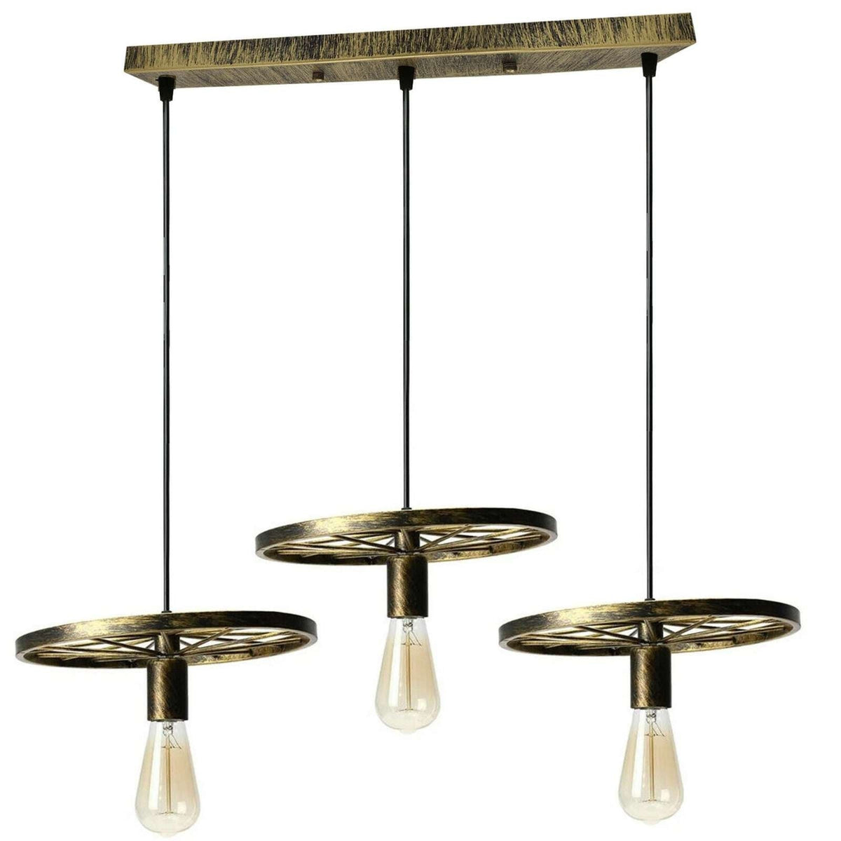 3 Light Wagon Wheel Pendant – 50 cm Bar, 5 Finishes, E27 - Brushed Brass, Wagon Wheel 30 cm, With 3 ST64 Bulbs
