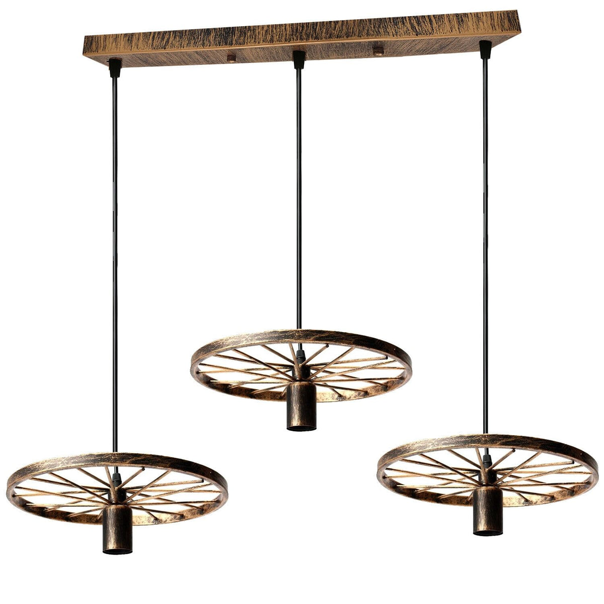 3 Light Wagon Wheel Pendant – 50 cm Bar, 5 Finishes, E27 - Brushed Copper, Wagon Wheel 30 cm, Without Bulb