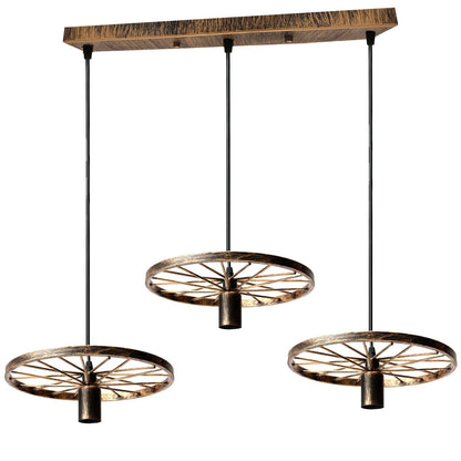 3 Light Wagon Wheel Pendant – 50 cm Bar, 5 Finishes, E27 - Brushed Copper, Wagon Wheel 30 cm, Without Bulb