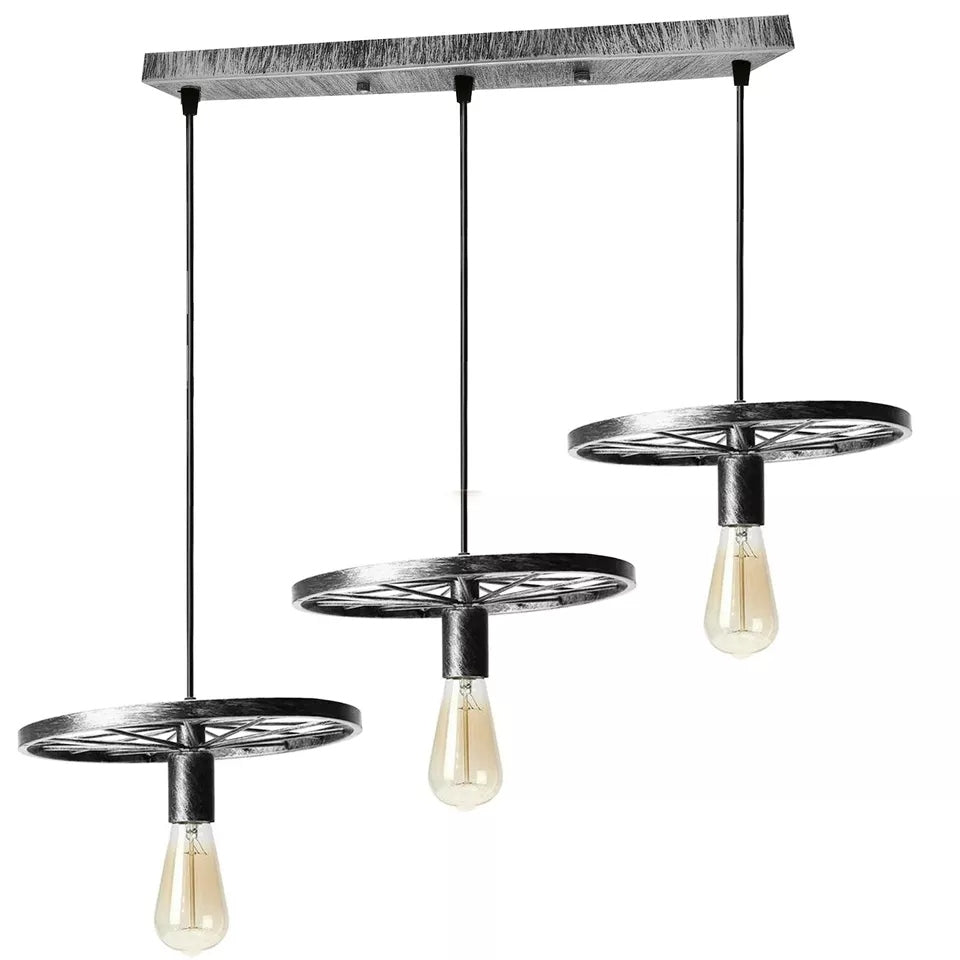 3 Light Wagon Wheel Pendant – 50 cm Bar, 5 Finishes, E27 - Brushed Silver, Wagon Wheel 30 cm, Without Bulb