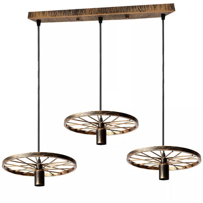 3 Light Wagon Wheel Pendant – 50 cm Bar, 5 Finishes, E27 - Rustic Red, Wagon Wheel 30 cm, Without Bulb