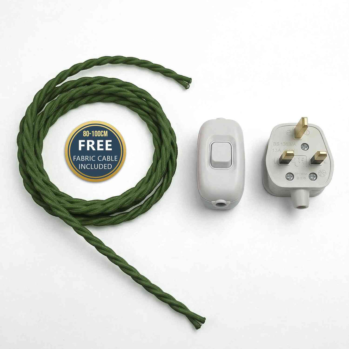 3 Core Fabric Lamp Cable with Rocker Switch and 13A Plug - Army Green