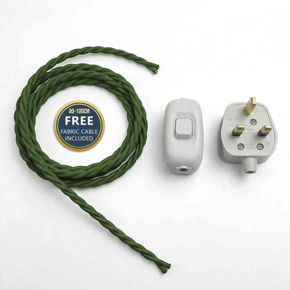 3 Core Fabric Lamp Cable with Rocker Switch and 13A Plug - Army Green