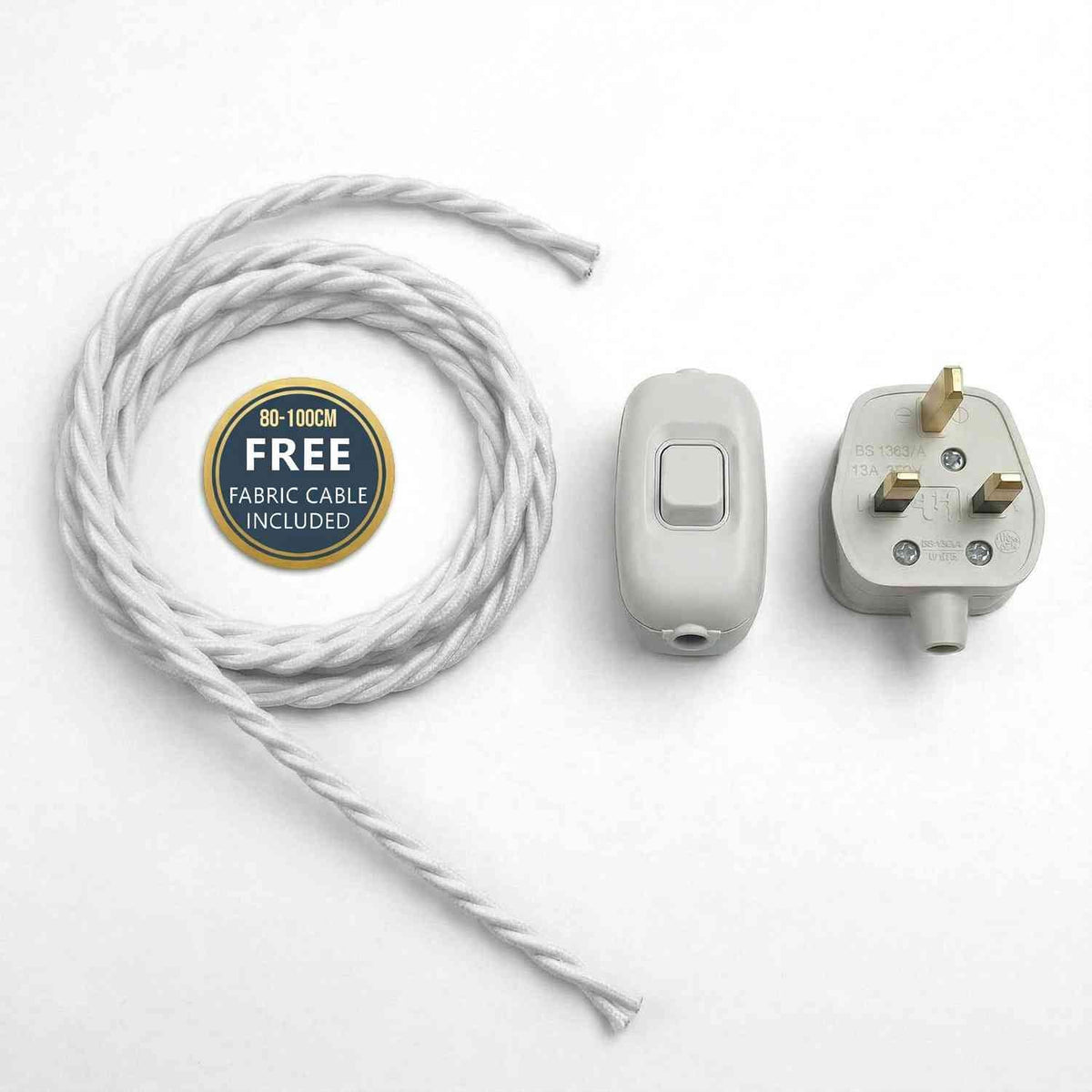 3 Core Fabric Lamp Cable with Rocker Switch and 13A Plug - White