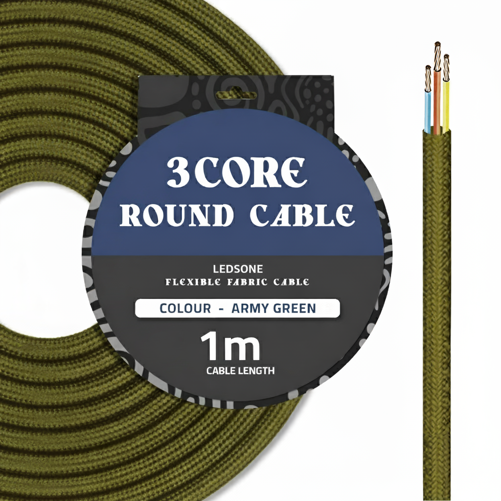 3 Core Round Fabric Cable 0.75mm – 1 m to 3 m - Army Green, 1 m