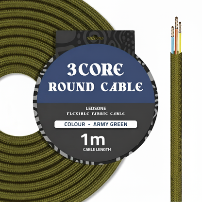3 Core Round Fabric Cable 0.75mm – 1 m to 3 m - Army Green, 1 m