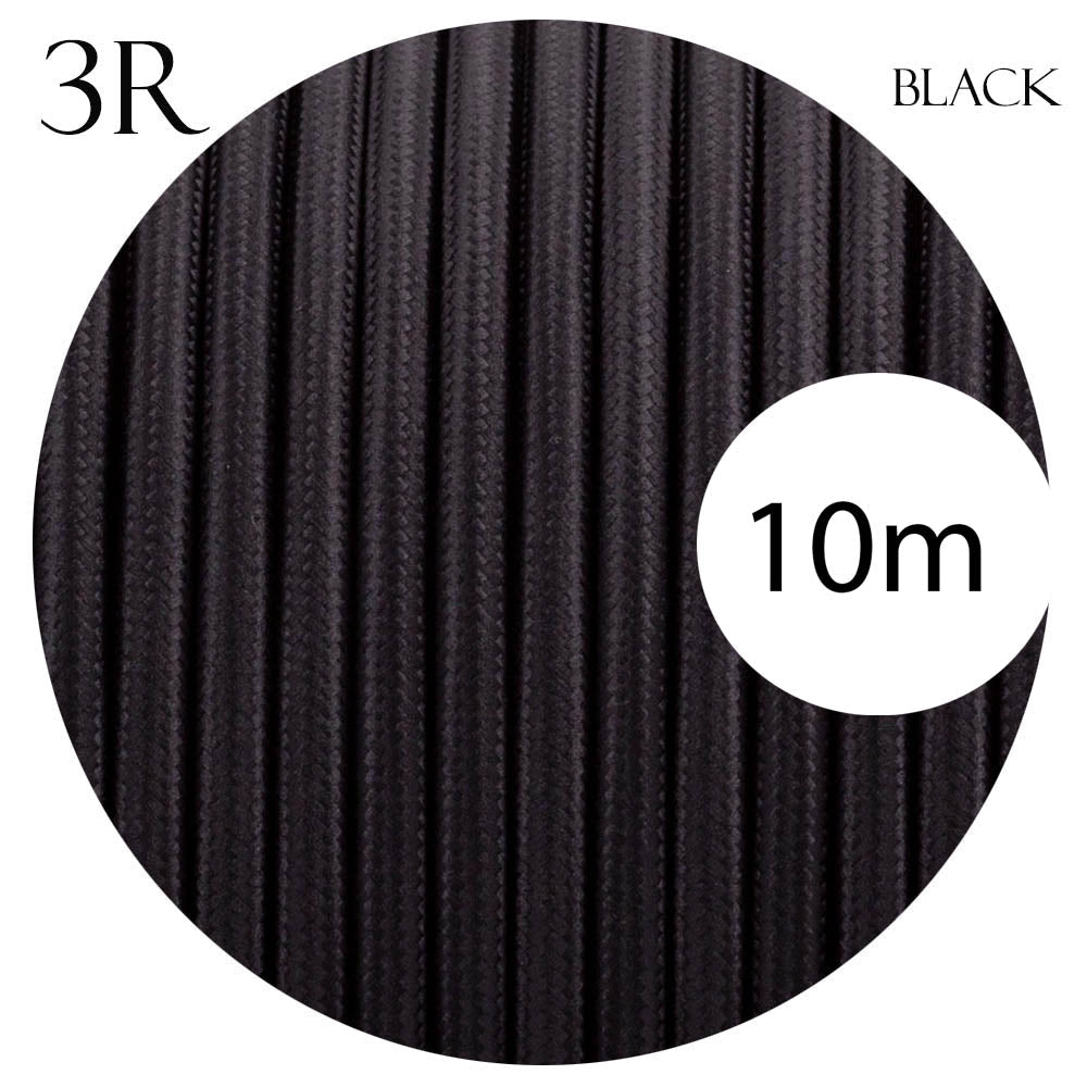 3 Core Round Fabric Cable 0.75mm – 4 m to 10 m - Black, 10 m
