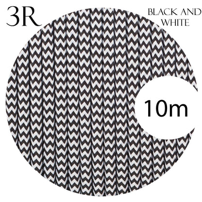 3 Core Round Fabric Cable 0.75mm – 4 m to 10 m - Black & White, 10 m