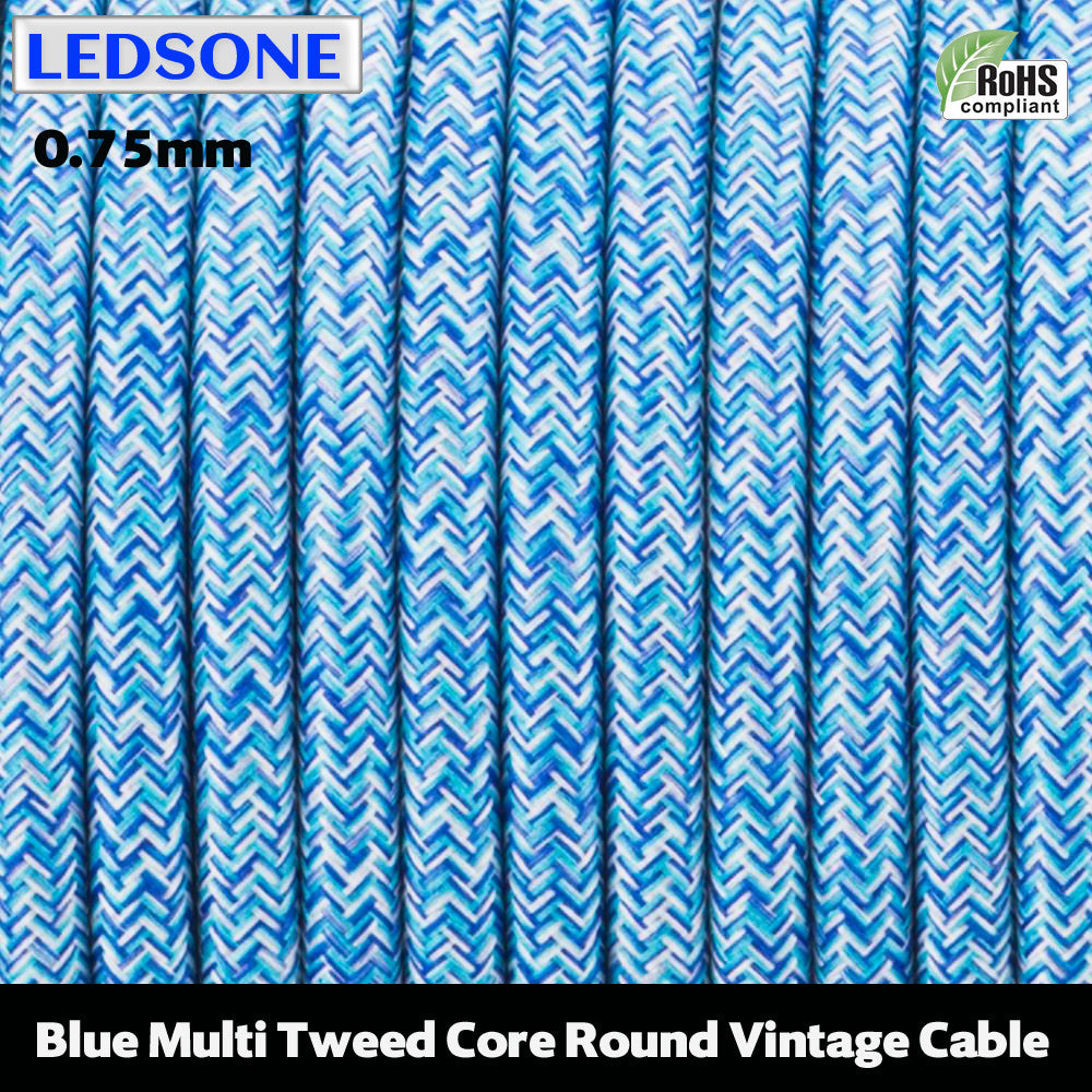 3 Core Round Fabric Cable 0.75mm – 4 m to 10 m - Blue Tweed, 10 m